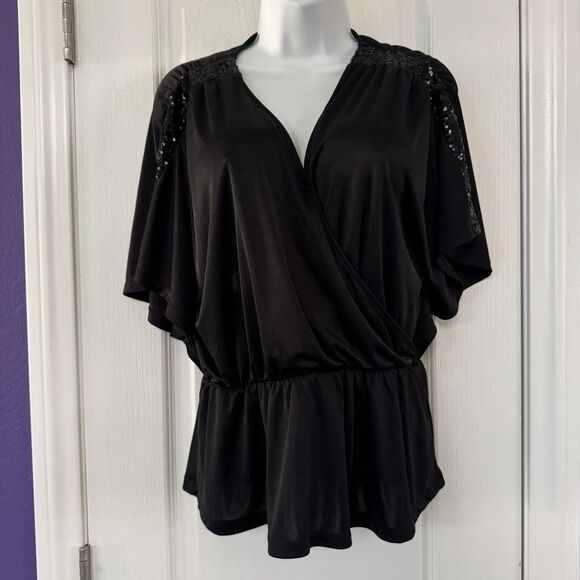 EXPRESS Black Sequin Dolman Sleeve Peplum Elastic Waist Blouse Top Size Small - Picture 1 of 10